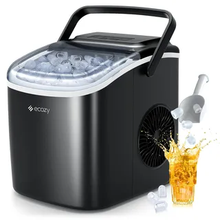 ecozy Eiswürfelmaschine Klein, Selbstreinigende Ice Maker, 2 Eiswürfel Größen, 9 Würfel in 6 Minuten Fertig, 12 KG/24H Schaufel und Korb für Küche, Büro, Bar, Party