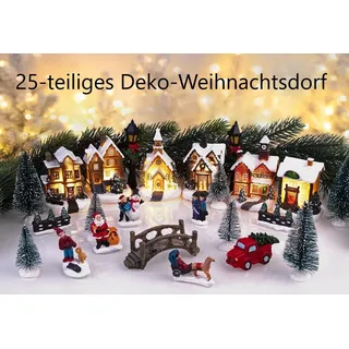 Infactory 25-teiliges Deko-Weihnachtsdorf mit 6 LEDs, Batteriebetrieb