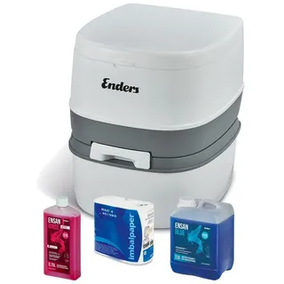 Enders® Campingtoilette Supreme Blue Set, (Spar-Set, 0,75L RINSE + 2,5L BLUE + 4 Rollen selbstauflösendes Toilettenpapier), integrierter Papierhalter, Belüftungstaste, Deckel + Brille abnehmbar