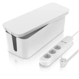 BEARWARE 3 Fach Steckerleiste mit 2X USB Ladeports & Kabelbox im Set, weiß Steckdosenleiste 3-fach (USB-Anschlüsse, Kindersicherung, Schutzkontaktstecker, Kabellänge 1,50 m), Mehrfachsteckdose mit Berührungsschutz & passsende Box, 1,5m Kabel weiß
