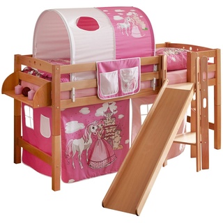 TICAA Hochbett Tino mit Rutsche 90 x 200 cm Buche massiv natur horse-pink