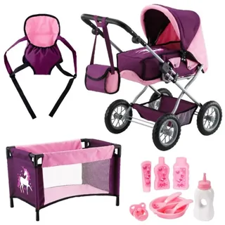 Puppenwagen Kombi Set Grande Bayer Megaset mit Reisebett und Zubehör Einhorn