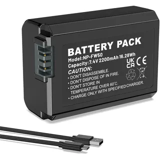 1Pcs NP-FW50 Akku Direktlade-Ersatzbatterien 2200mAh mit 2-in-1-USB-C-Ladekabel für Sony ZV-E10, A6500, A6400, A6300, A6000, A5100, A5000, RX10 II/III/IV, NEX 3/5/7&SLT-A Serie,A7, A7II, A7R