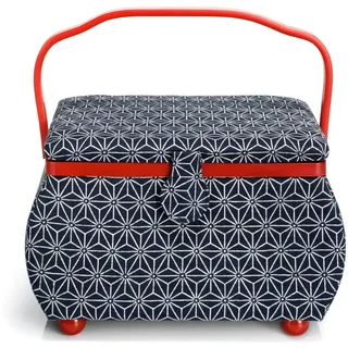 Prym 612031 Nähkorb L Kyoto – Großer Nähkorb mit 7-Fach-Einsatz & Deckel-Innentasche, marineblau mit rotem Griff, Nähzubehörbox mit Baumwollbezug & Stauraum für Kurzwaren, Schwarz