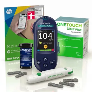 OneTouch Ultra Plus Reflect® Blutzuckermessgerät Premiumset (mg/dl) I Stiftung Warentest SEHR GUT (1,5) | Messgerät, 40 Teststreifen, 40 Lanzetten, Stechhilfe, Etui, Diabetes Tagebuch