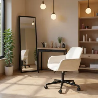 FurnitureR Beige Friseurstuhl, Modernes Design, Chenille Material, Höhenverstellbar, Ergonomisch, Mit Rollen, Platzsparend