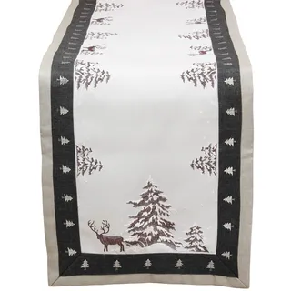 HanaQi Weihnachten - Winter - Hirsch Stickerei Leinenoptik Polyester Tischläufer ca. 43 x 169 cm, Grau - Weiß