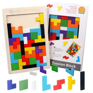 SGERUFZ 40 Stück Puzzle Tetris Spiel Kinder, Holzpuzzle Intelligenz Montessori Spielzeug, Gehirn Spielzeug ab 3 4 5 Jahre, Lernspielzeug Geschenk für Jungen Mädchen (Bunte)