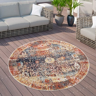 Paco Home Outdoor Teppich Balkon Terrasse Vintage Küchenteppich Orient Muster Rauten Ethno, Grösse:160 cm Rund, Farbe:Bunt 3