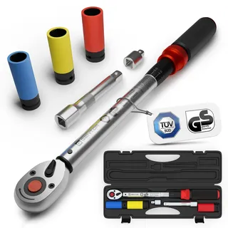 GENTOR Drehmomentschlüssel 1/2 Zoll 40–210 Nm – TÜV & GS geprüft – Ratsche mit Klick-Signal – Set inkl. Nüssen & Koffer für Auto, Motorrad