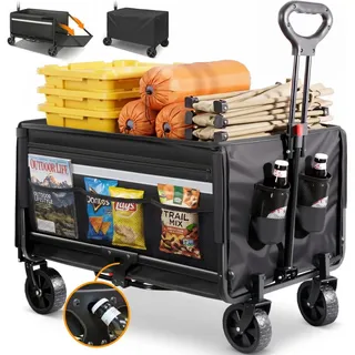 HOMECALL Bollerwagen Handwagen schwarz mit Aufbewahrungstaschen