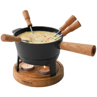 BOSKA Fondue Set Pro S - 2 bis 4 Personen - Käsefondue Teelichter mit Stil - 700 ml Inhalt für 350 gr Geschmolzenen Käse [Ink. Fonduegabeln] [Stabile, Eichenholz und Edelstahl]