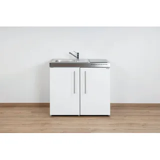 Stengel Küchenzeile Miniküche Premiumline MP 100, (Küchenzeile mit Geräten Küchenblock Kleine Küchenzeile Mini-Küche Single Küchen Kompaktküche Miniküchen mit Elektrogeräten Mini Küchenzeile mit Geräten Single Küchenzeile mit Geräten), Küchenblock mit Spüle und Geräten: Kühlschrank und Induktionskochfeld weiß