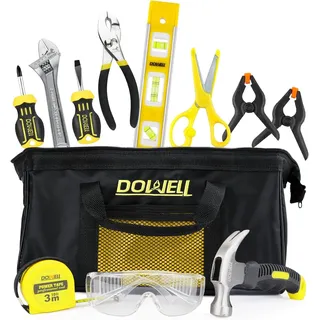DOWELL Kinder-Werkzeug-Set mit Werkzeugtasche einschließlich echter Metall-Handwerkzeuge für Jungen & Mädchen, Kinder- und Junior-Lernwerkzeug-Set für Heim-DIY, ab 8 Jahren