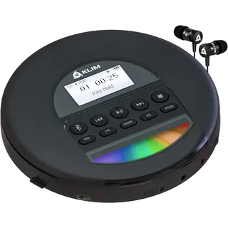 Klim Nomad CD Player Bluetooth - Tragbarer CD-Player Discman mit langlebigem Akku - Inklusive Kopfhörer - CD-R, CD-RW, MP3 - mit TF-Reader, Radio FM, - Ideal für Autos