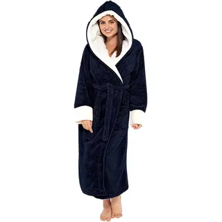 Damen Bademantel mit Kapuze Flauschig Lang Frottee Sauna Flanell Bademäntel Plüsch Verlängerte Bademantel Langarm Robe Mantel Saunamantel Nachthemden Langarm Schlafanzug mit Gürtel (S, Blau) - S