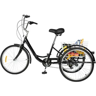 FUNYSF 24" 8 Gang Trike 3 Rad Fahrrad Erwachsene Dreirad, 8 Gang 3 Rad Cruiser Fahrrad mit Einkaufskorb Ideal für Freizeit, Einkaufen, Ausflüge (Schwarz)