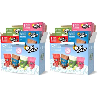 Sun Lolly Wassereis Mixbox mit 4 Sorten | Erdbeere, Cola, Weintraube, Himbeere | Mit Fruchtsaft | Zum Selbsteinfrieren | Ohne künstliche Aromen | Praktisch als Familienbox | 4 x 8 x 60ml