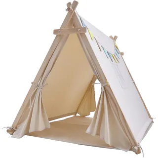 Sunny Sienna Spielzelt für Kinder in Beige mit Fenster, Flaggen & Bodenmatte | Kinderzelt aus 100% Baumwolle & FSC 100% Holz | Spielzelt/Wigwam/Tipi Zelt für Drinnen & Draußen 120 cm x 100 cm