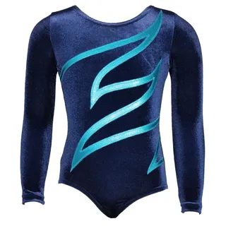 GymStern Turnanzug Plamak Basic Nicki Samt & Glitzerlycra Mädchen Gymnastikanzug LANGARM Kinder Turnbody langärmlich in Dunkelblau & Türkis