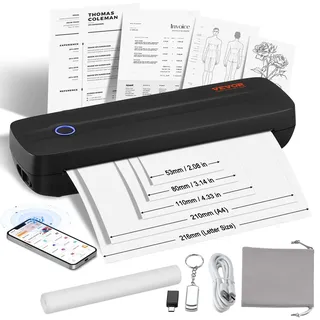 Vevor mobiler Drucker tragbarer Thermodrucker Bluetooth-Tintenloser Drucker, Thermopapier im Format A4 A5 kompatibel mit iOS / Android / Laptop, 203 DPI Reisedrucker im Büro und zu Hause Schwarz