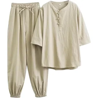 WHESAZYP Tai Chi Anzüge Tai Chi Kleidung Damen Kung Fu Uniform Baumwollleinen Kampfsport Set Kurzarmhose Zen Meditationsuniform Tang-Anzug Traditionelle chinesische Kleidung (Gelb L)