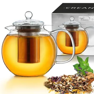 Creano Teekanne aus Glas 0,85l, 3-Teilige Glasteekanne mit Integriertem Edelstahl-Sieb und Glas-Deckel, Ideal zur Zubereitung von Losen Tees, tropffrei, All-in-One