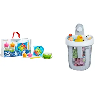Munchkin Bath Beats Musikalisches Badespielzeug-Geschenkset, Mehrfarbig & Aufbewahrungskorb für Baby-Badespielzeug, Badewannen-Organizer mit Abnehmbarer Wandhalterung für das Bad, Saugnapf und Griff