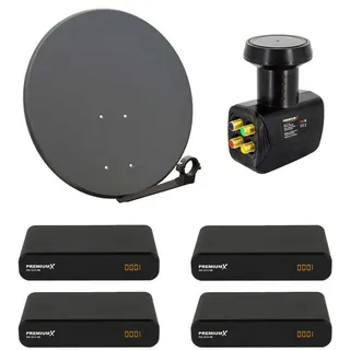 PremiumX Satelliten-Komplettanlage 4 Teilnehmer 80cm Satellitenschüssel SAT Quad LNB 4x HD TV Digital Receiver inkl. HDMI-Kabel