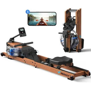 MERACH Rudergerät für Zuhause, Wasser-Rudergerät aus Holz, 180° klappbar | 180 kg Tragkraft, 15-Liter-Wassertank, FSC-Gummibaumholz, MERACH App & interaktive Karten