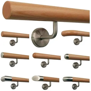 TIBU Buche Geländer Handlauf Treppe Holz Griff gew. Edelstahlhalter, Länge 30 - 500 cm aus einem Stück / Variante:170 cm mit 3 Halter gefast