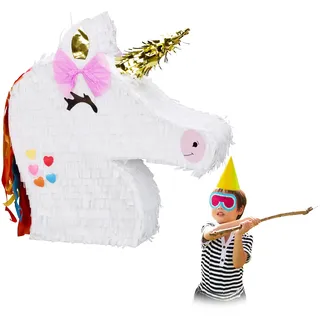 Relaxdays Einhorn Pinata, zum Aufhängen, Kinder, Mädchen, Geburtstag, Unicorn Pinata, zum selbst Befüllen, Piñata, weiß
