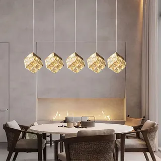 AIAO Hängelampe Zauberwürfel Moderne LED-Pendelleuchte Tisch Hängelampe Esstisch K9-Kristall Hängeleuchte For Wohnzimmer Esszimmerlampe Höhenverstellbar Lampen Mit Fernbedienung Dimmbar(A,5 lights)