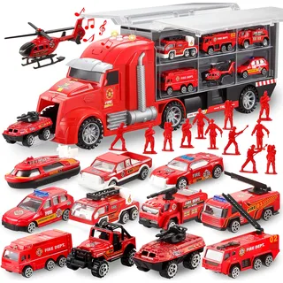 JOYIN 25-in-1 Feuerwehrauto Spielzeugset mit Geräuschen und Lichtern, Feuerwehr Fahrzeuge im Trägerwagen, Mini-Rettungs Feuerwehrauto-Spielzeug, Geburtstagsgeschenk-Spielzeug für Jungen ab 3 Jahren