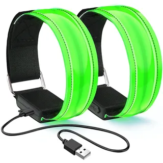 flintronic LED Armband Aufladbar, 2 Stück Reflective LED Leuchtarmband mit USB, Led Armbänder Leuchtband, Sicherheits Licht, Unisex für Nachtlauf, Joggen und Outdoor Sports - Grün