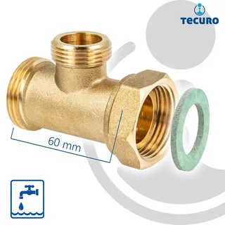 tecuro T-Stück, 1 Zoll AG x 3/4 Zoll AG x Überwurfmutter 1 Zoll flachdichtend, - DVGW Zulassung nach Trinkwasserverordnung 50930-6