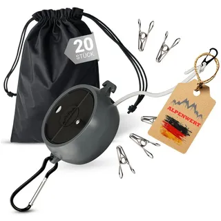 alpenwert ALPENWERT® ROBUSTE Wäscheleine ausziehbar 10m Wäscheleine] inkl. 20 Edelstahl Klammern - für Wohnmobil, Vanlife Backpacking