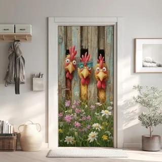 Lustige Hühne Türtapete Türposter Türfolie Selbstklebend PVC, Zaun Türaufkleber Abnehmbar Wasserdicht, Gänseblümchen Gras Dschungel Fototapete für Tür Wohnzimmer Kinderzimmer 80x200 cm