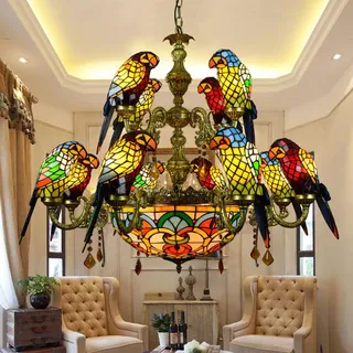 AIBOTY Tiffany Papagei Kronleuchter, Buntglas 12 Papageienvogel Pendelleuchte Hängelampe, Höhenverstellbare Vintage Barock Kristall Deckenleuchte Für Wohnzimmer, Küche, Schlafzimmer, Hotel, Bar, Loft
