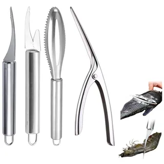 4-teiliges Multifunktionales Garnelenset, Multifunktionales Garnelenschnur,Fischmesser,Edelstahl Shrimp Peeler,Shrimp Peeler,Garnelenschalenmesser,Garnelenlinienmesser,Edelstahl-GarnelenschäLer