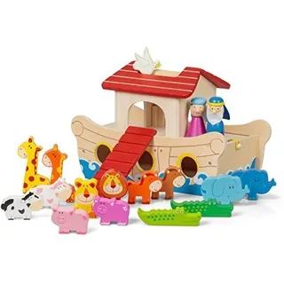 Tobar Arche Noah aus Holz (19-teilig) Holzspielzeug 28 cm lang mit Bauernhof-/Zoo-Tieren, 26 x 18 x 14 cm