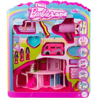 Barbie Mini BarbieLand Traumvilla und 3 Fahrzeuge, Spielset mit 4 ca. 3,8 cm großen Puppen, Puppenhausmöbeln und -zubehörteilen, enthält DreamCamper, Boot und Flugzeug, JDB86