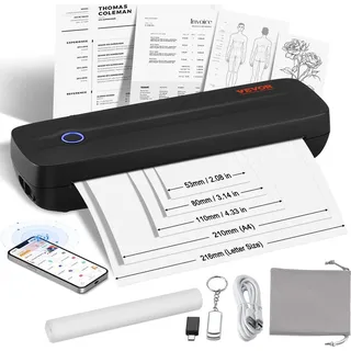 Vevor mobiler Drucker tragbarer Thermodrucker Bluetooth-Tintenloser Drucker, Thermopapier im Format A4 A5 kompatibel mit iOS / Android / Laptop, 203 DPI Reisedrucker im Büro und zu Hause Schwarz