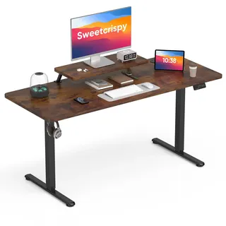 Sweetcrispy Höhenverstellbarer Schreibtisch mit Monitorständer, 160 x 60 cm Schreibtisch Höhenverstellbar Elektrisch, Ergonomischer Steh-Sitz Tisch, Computertisch Standing Desk, Vintagebraun