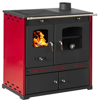 Prometey Kaminofen mit Backfach und Herdplatte Perfect Eco Lux Rot Rechts Holzofen 7 kW Kamin Ofen Holz Werkstattofen Hüttenofen Heizofen Gartenofen - Rot