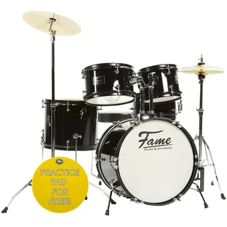 Fame 5 PC Drumset Black, Schlagzeug mit Bass Drum, Tom-Tom, Snare, Hardware und Hocker, inklusive Zubehör und Drumsticks. Perfekt für Einsteiger und Musikliebhaber