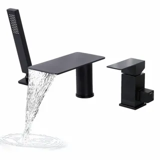BAITUJIE 3 Loch Badewannenarmatur mit Wasserfall, 3 Loch Armatur Badewanne Matt Schwarz Badewannenarmatur mit Handbrause