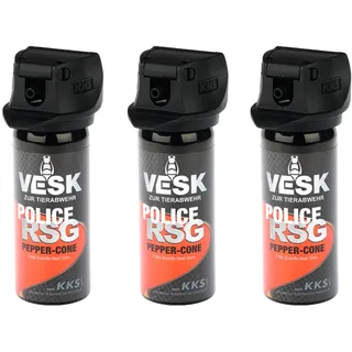 Pfefferspray 3X 50ml VESK Police RSG in verschiedenen Sprüharten: Weitstrahl Breitstrahl Gel Schaum EXTREM stark hochwertiger Sprühkopf mit patentiertem Federdeckel (3X Breitstrahl (Cone))
