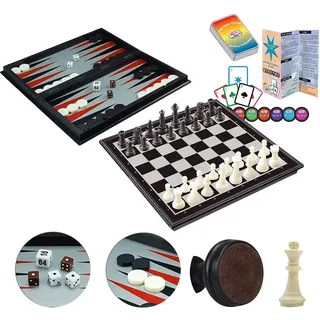 WEofferwhatYOUwant Magnetisches Schachspiel 4-in-1 – Reiseset mit Dame, Backgammon & Kartenspiel – 36 cm Klappbrett – Große Figuren mit Gewicht – Für Kinder & Erwachsene – Perfekte Geschenkidee