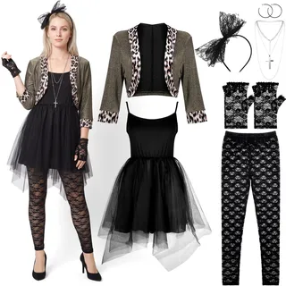 Boyiee 80er Jahre Kostüm Set für Damen Kleid Jacke Stirnband Ohrringe Halskette Spitze Leggings Handschuhe Halloween Kostüme im 80er Jahre Stil (XL)